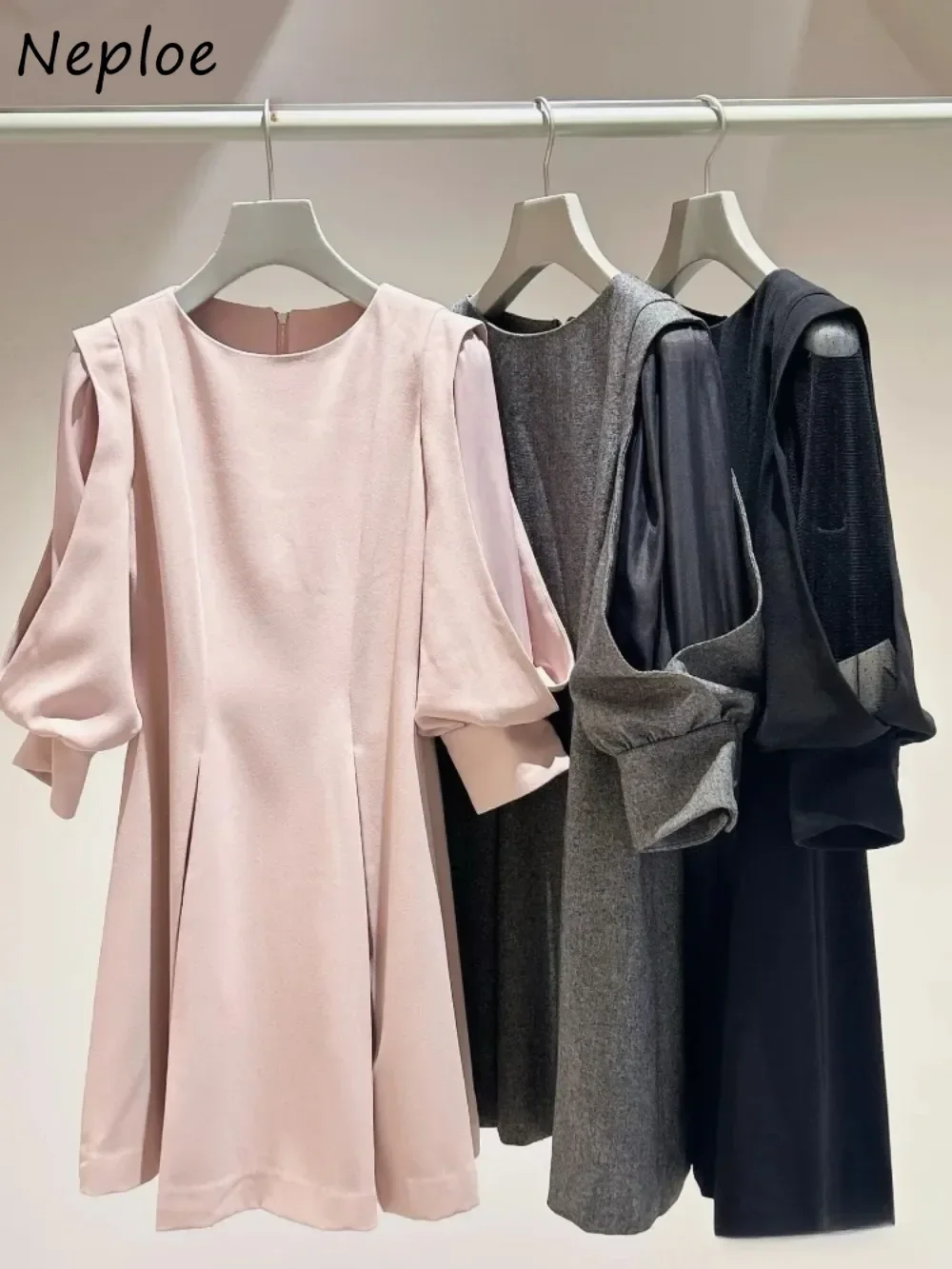 Neploe New Moda O Neck Half Sleeve Office Lady Dress Slim Waist Ruched Mesh Patchwork Robe Japan Casual Literary Girl Vestidos