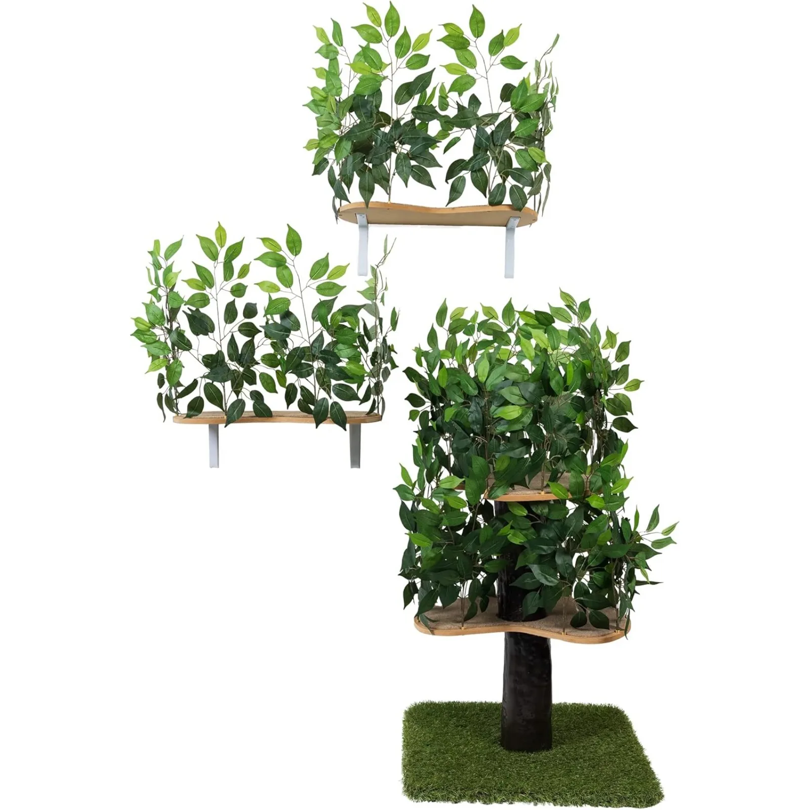 

US On2 Pets Bundle Activity Tree with Leaves, Cat House & Cat Condo with a Set of 2 Wall-Mounted Cat Shelves, Made in US