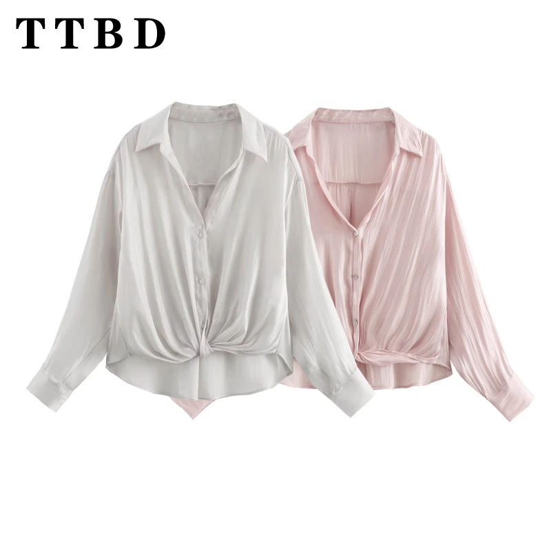 TTBD 2024 New Summer Women\'s Chic Oversized Satin Shirt Ladies Button Up Blouse Loose Light Grey Fashion Top