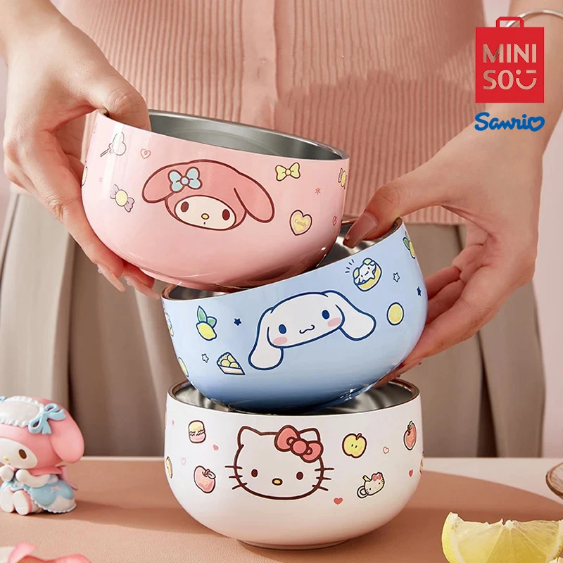 MINISO Sanrio Stainless Steel Bowl Children's Anti Fall Handle Ramen Bowl Kitchen Cute Fruit Bowl Pretty Table Mixing Bowl