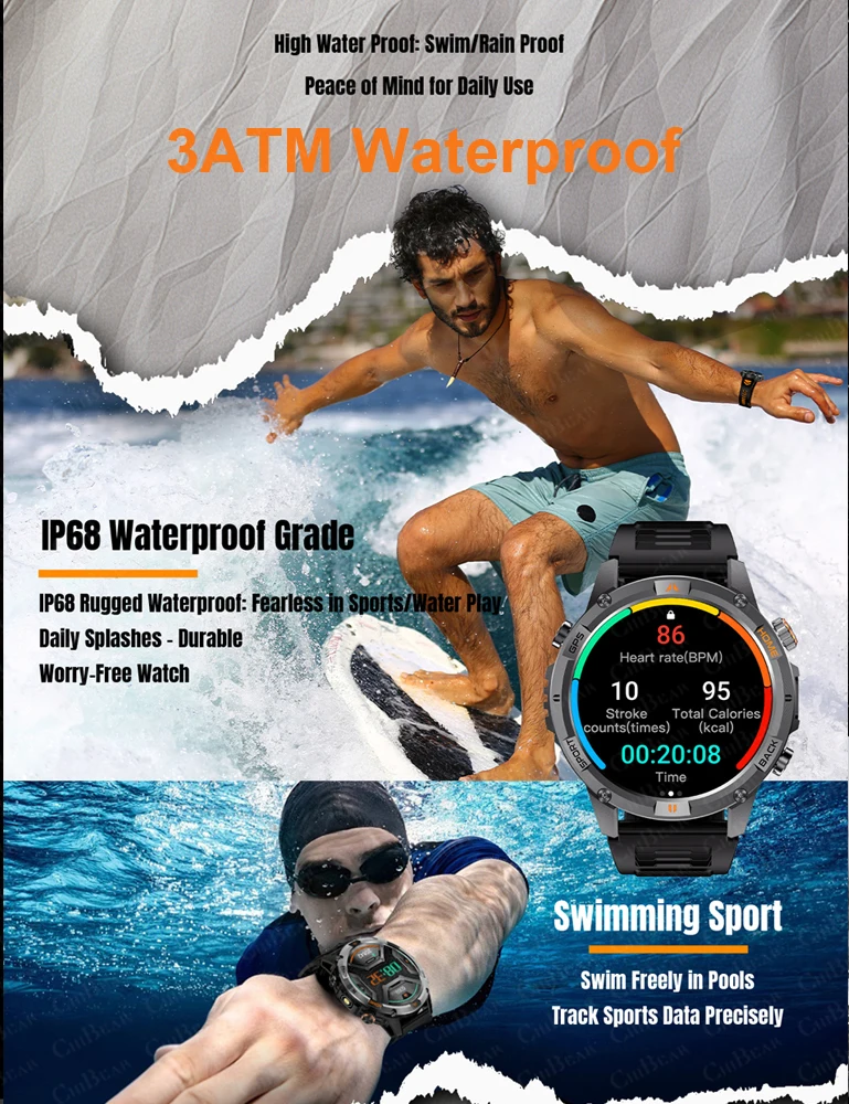 المدمج في نظام تحديد المواقع العسكرية في الهواء الطلق ساعة ذكية الرجال 580mAh بطارية البوصلة BT دعوة مصباح ليد جيب معدل ضربات القلب مقاوم للماء Smartwatch رجل