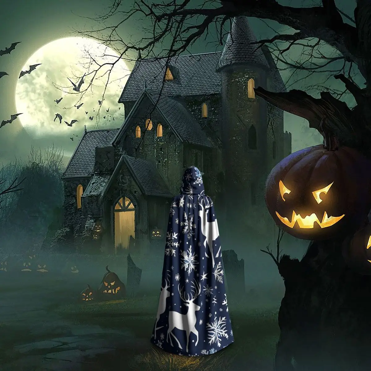 عيد الميلاد الأزرق والأبيض طويل مقنعين عباءة الساحرة القرون الوسطى زي تأثيري كيب هالوين مصاص دماء الكبار للجنسين