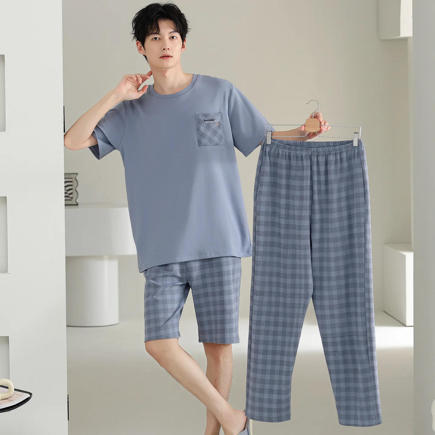 

Antibacterial Cotton Pajamas for Men Summer Short Sleeve Shorts Long Pant Three-Piece Set Simple Solid Color Loose Homewear