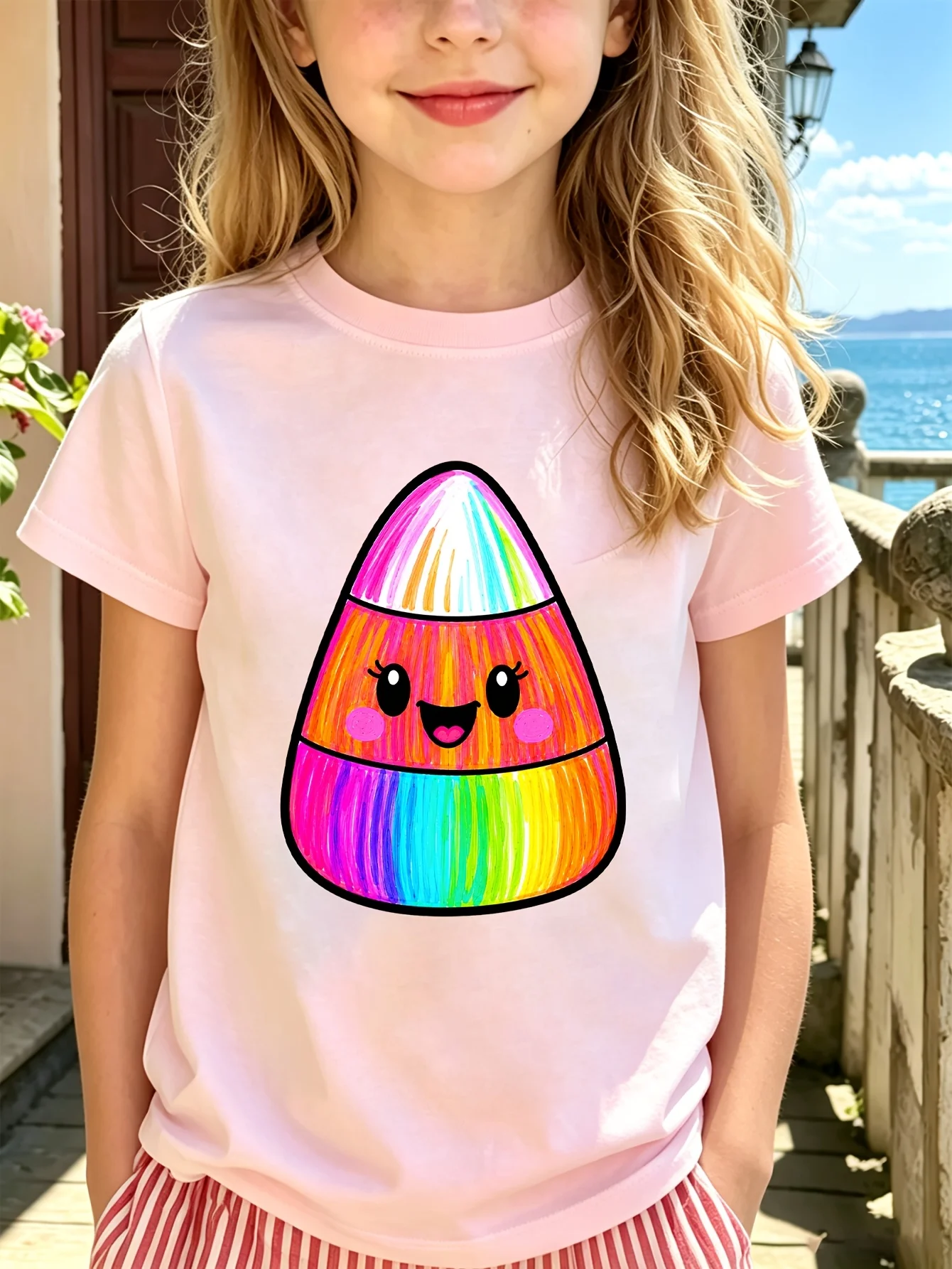 Rainbow Candy Corn Kids Tee Cute Cartoon Graphic Print Boys Girls Family Matching Cotton Short Sleeve Children Tshirt