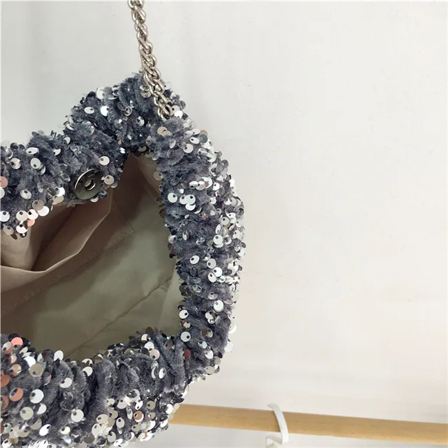 Moda Lantejoula Bucket Bag com corrente, Crossbody Bag, Verão