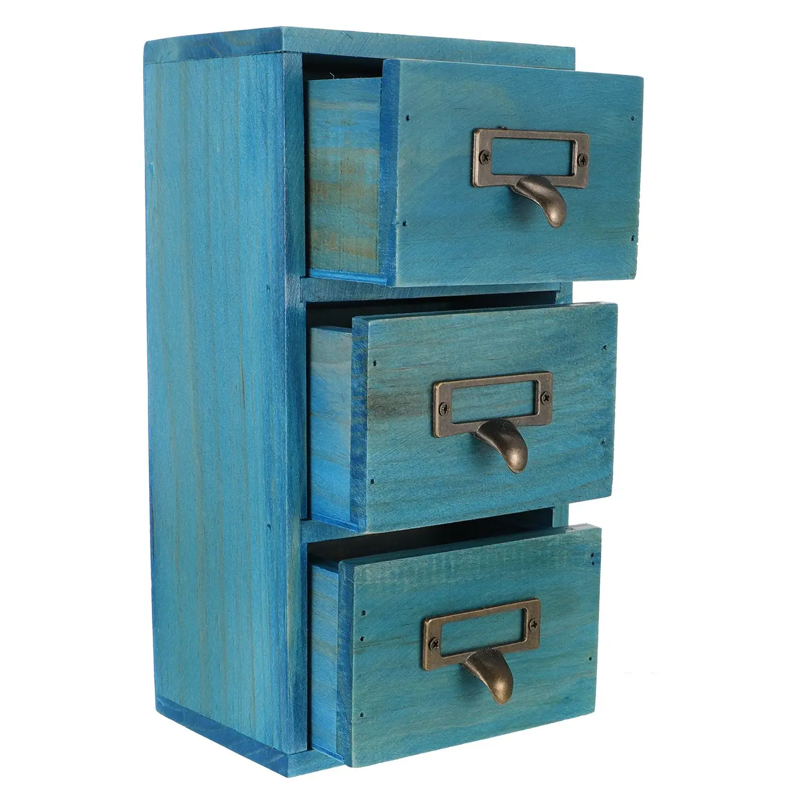 Record Wooden Storage Box Desktop Finishing Container Organizer with Drawers Blue