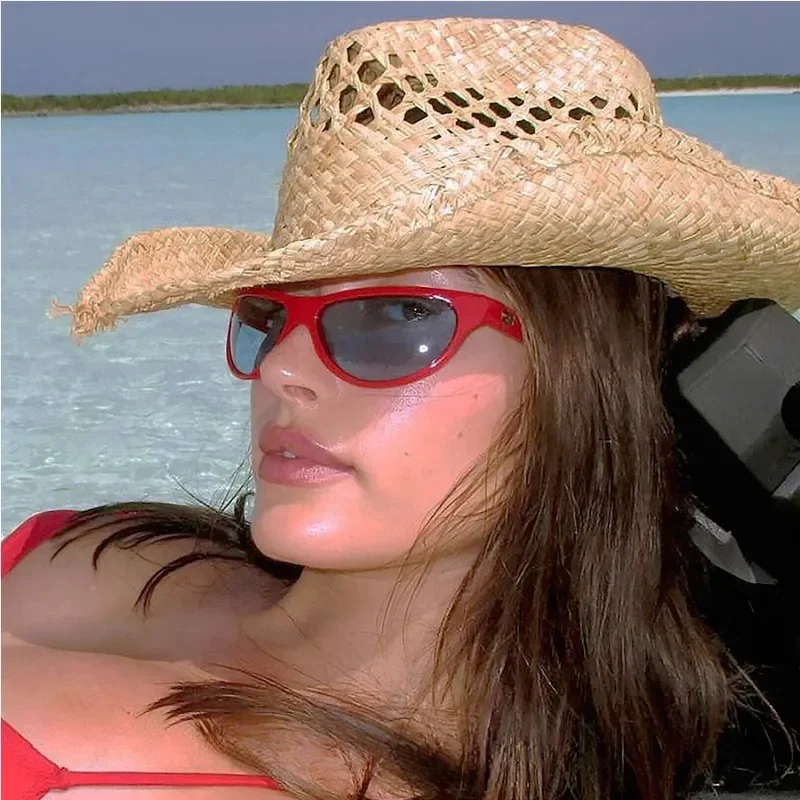 Hand Woven Raffia Hat Women Summer Simple Western Cowboy Straw Hat Lady Ins California Girl Seaside Vacation Curled Brim Sun Hat