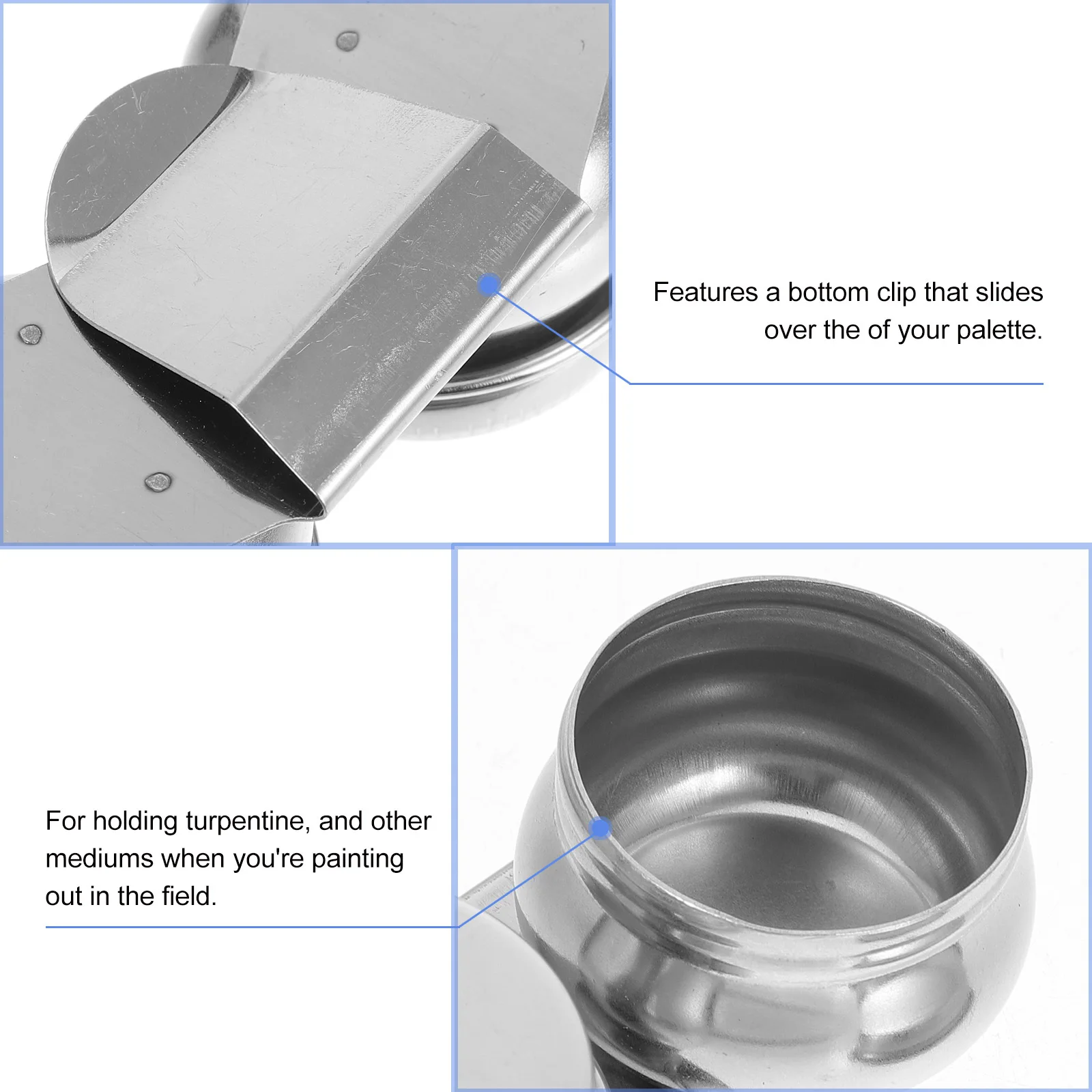 

Stainless Steel Dual Pot With Lids Large Capacity Clip-On Design For Palette Oil Watercolor Paint Solvent Storage Brush