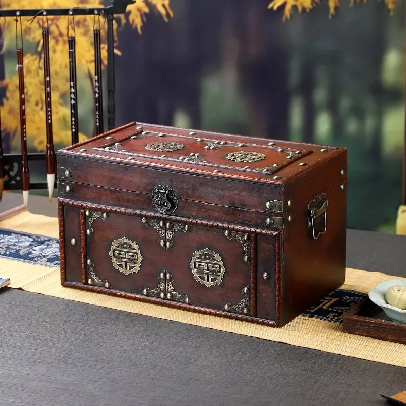 For Retro Chinese Happy Character Storage Box Wedding Gift Dowry Box Film TV Shooting Prop Wooden Vintage Old Style Organizer