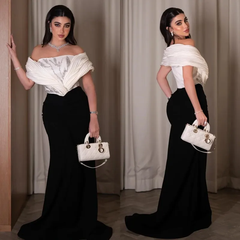 فستان حورية البحر ذو ألوان متباينة حديثة للحفلات الراقصة بطول الأرض قبالة الكتف بدون حمالات مطوي مطرز فستان Fستان Shrase Customi #1