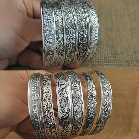 Pulseiras tibetanas vintage para mulheres, flor do elefante, braceletes redondos de metal, joias tibetanas charmosas e elegantes