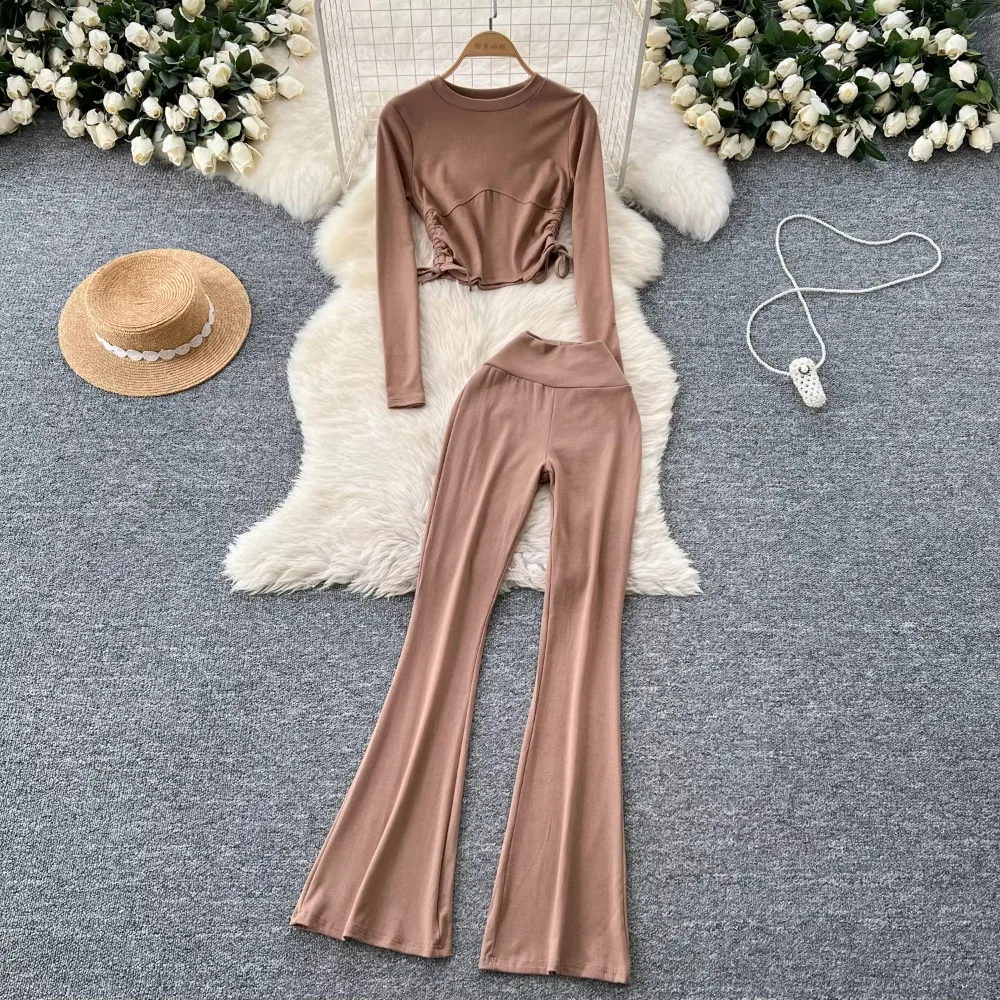 Elegant O-neck Two Side Bandage Chic Long Sleeve Slim Top T-Shirts High Waist Flare Long Pants Sports High Street Two-piece Sets