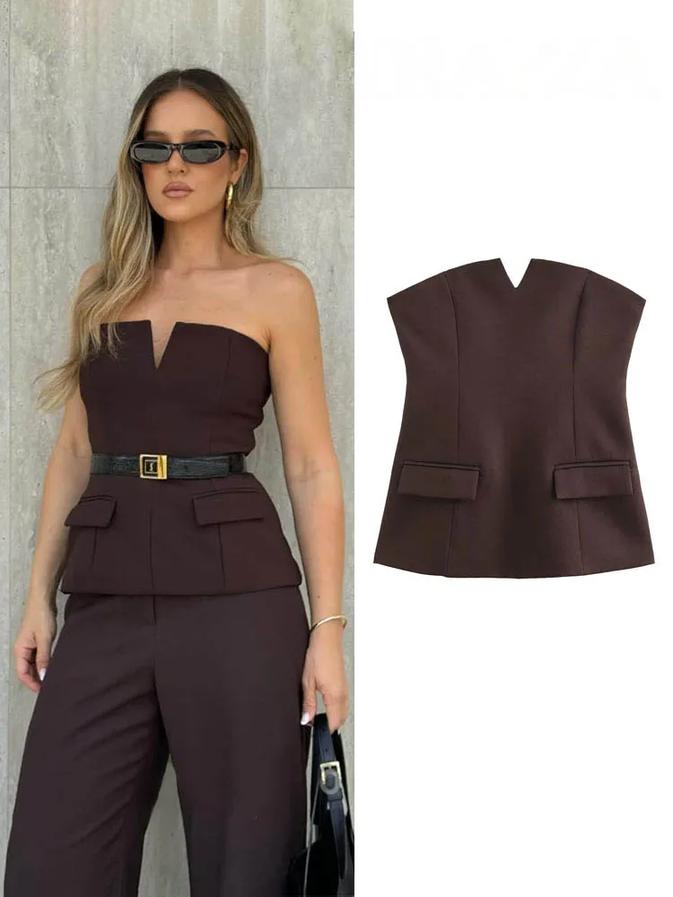 

HH женский летний однотонный боковой топ на молнии с карманами, украшенный тонкий топ, элегантный женский сексуальный топ без рукавов с открытой спиной и без бретелек