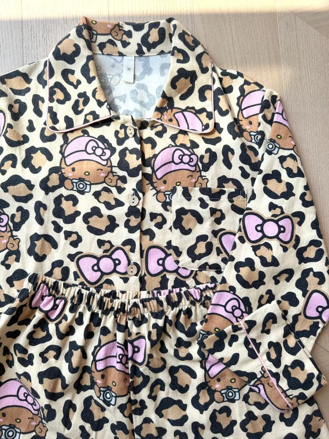 New Hello Kitty Leopard Print 2 Pcs Velvet Pajamas Set For Women In Autumn Warm Home Casual Oversize Sleepwear Clothes