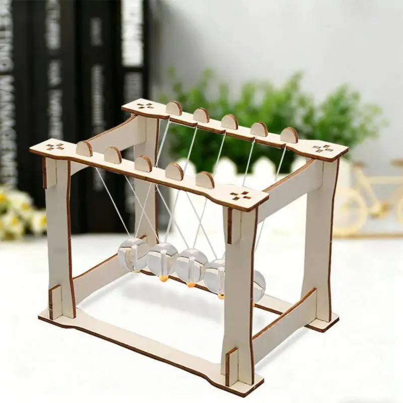 1 Set Wooden Newton's Cradle DIY Assemble Physics Model STEM Science Experiment Kit for Home School Educational Use