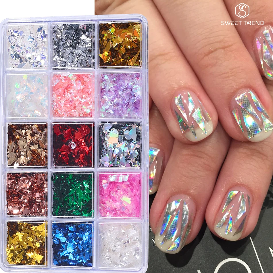 15 Grilles de Paillettes Holographiques Irrégulières pour Ongles, Effet Aurore Irisé, Scintillantes, Accessoires de Décoration DIY pour Manucure