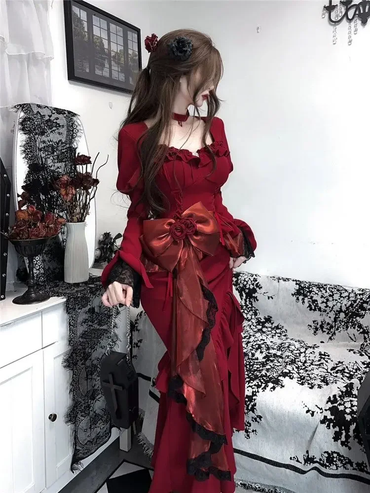 

Spring Red Vintage Dress Women Lace French Retro Elegant Evening Party Dress Female Long Sleeve Chic Midi Dress Halloween New