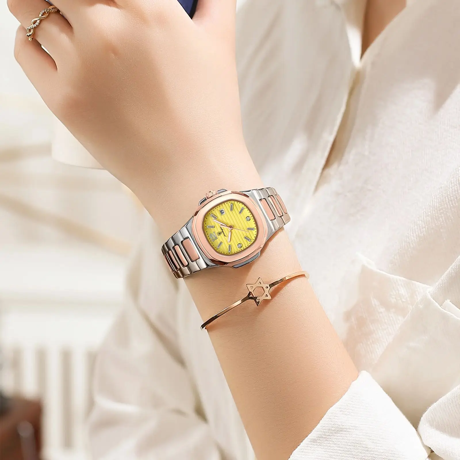 POEDAGAR قمة الموضة ساحة ساعة اليد للمرأة مضيئة مقاوم للماء تاريخ السيدات ساعة فاخرة المرأة ساعات كوارتز Reloj + صندوق