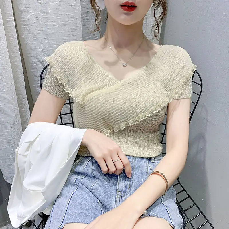 Summer New Gauze Ruffles Design Sense V-neck Ice Silk T-shirt Women Solid Patchwork Korean Fashion Knit Thin Short Sleeved Tops