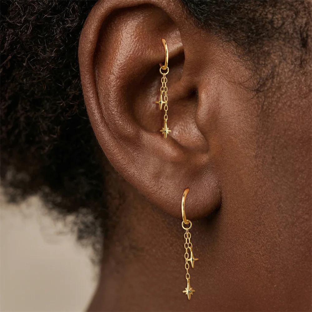 AIDE 925 Sterling Silver Classic Smooth Eight Pointed Star Chain Tassel for Women Flat Back Piercing Exquisite Ear Bone Hoop