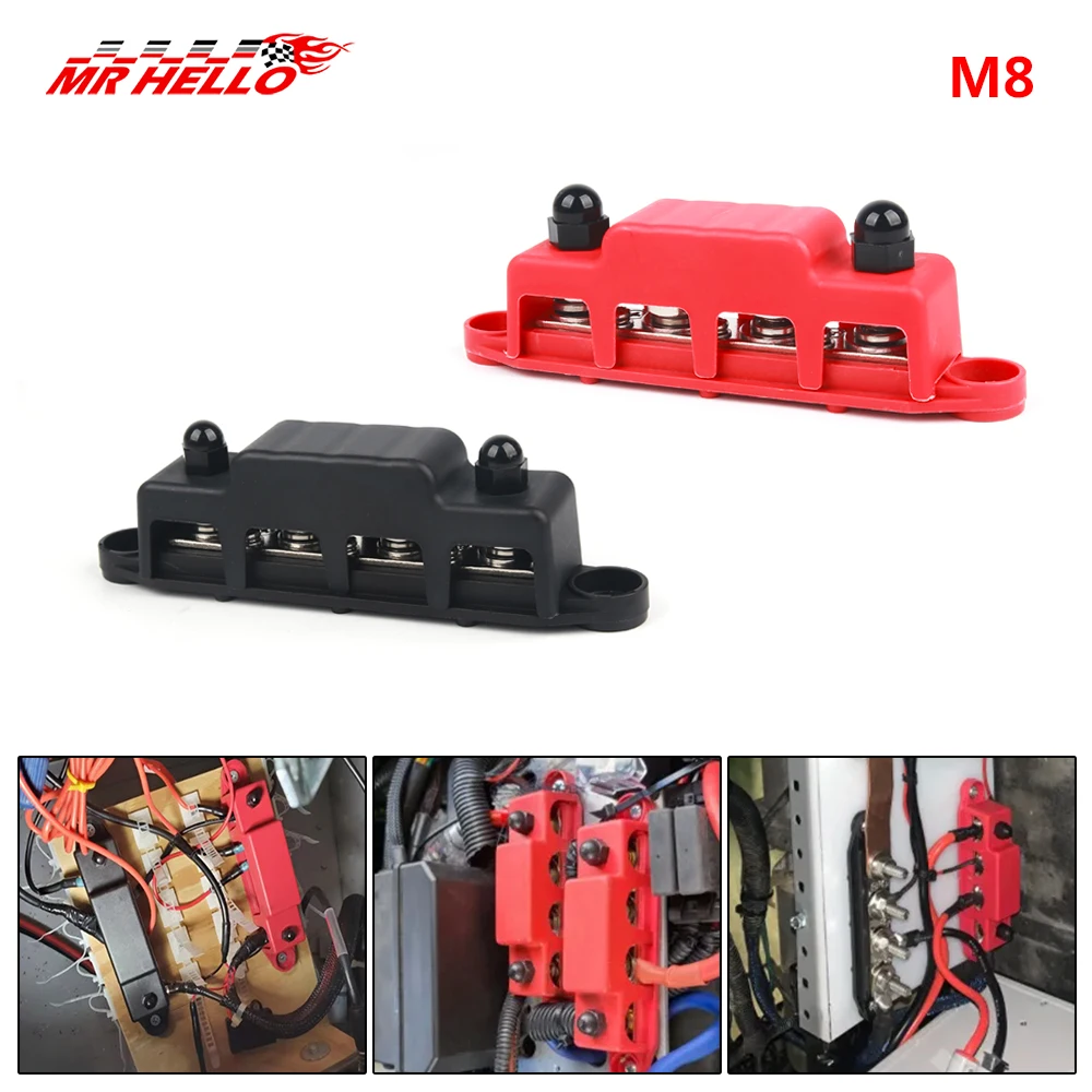 12V-48V 150A Bus Bar Terminal Battery Power Distribution Block With Cover M8 Screw 4 for Automobile Boat RV Truc