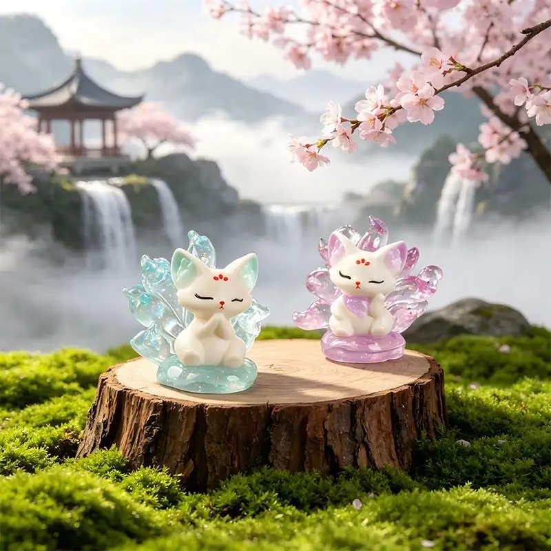 Resin Nine Tailed Fox Figurine With Transparent Tails Eco Friendly Material For Home Desktop Decor Gift