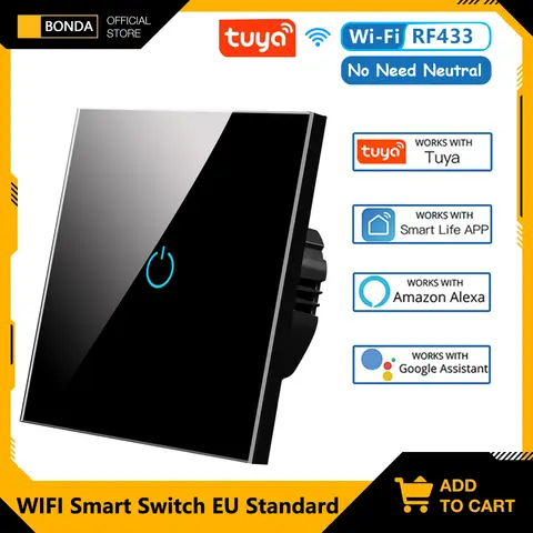 BONDA 스마트 스위치 Alexa RF433 중립 Tuya 제어 없음 Google 1/2/3 Gang Smart Life 홈 라이트 WiFi 터치 스위치와 함께 작동