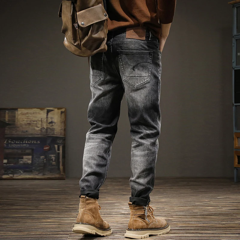 Fashion Vintage Men Jeans Black Gray High Quality Elastic Slim Fit Ripped Jeans Men Casual Trousers Retro Designer Pants Hombre