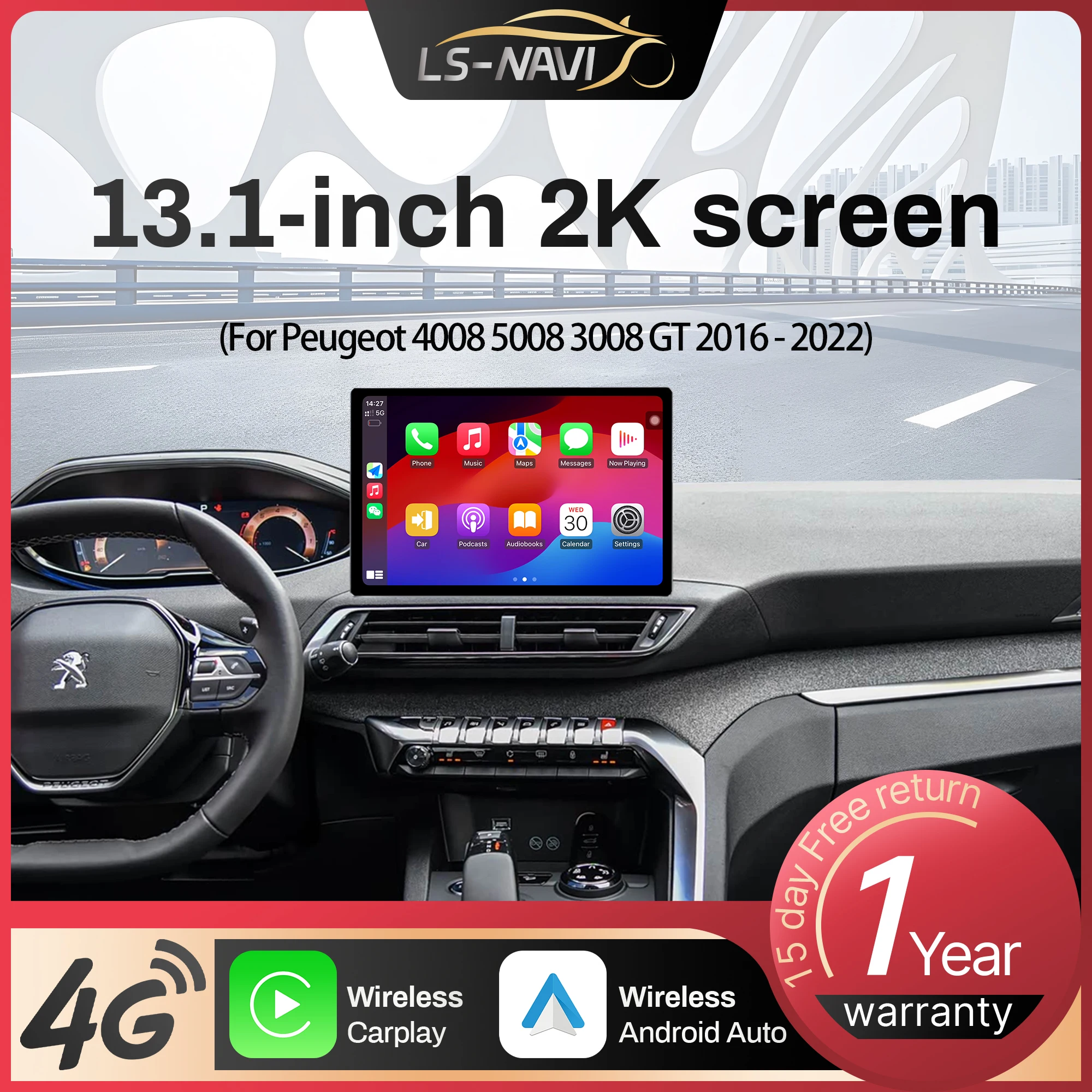 13.1 inch Android For Peugeot 4008 5008 3008 GT 2016-2022 Car Radio Wireless Carplay GPS Multimedia Touch QLED Screen Stereo