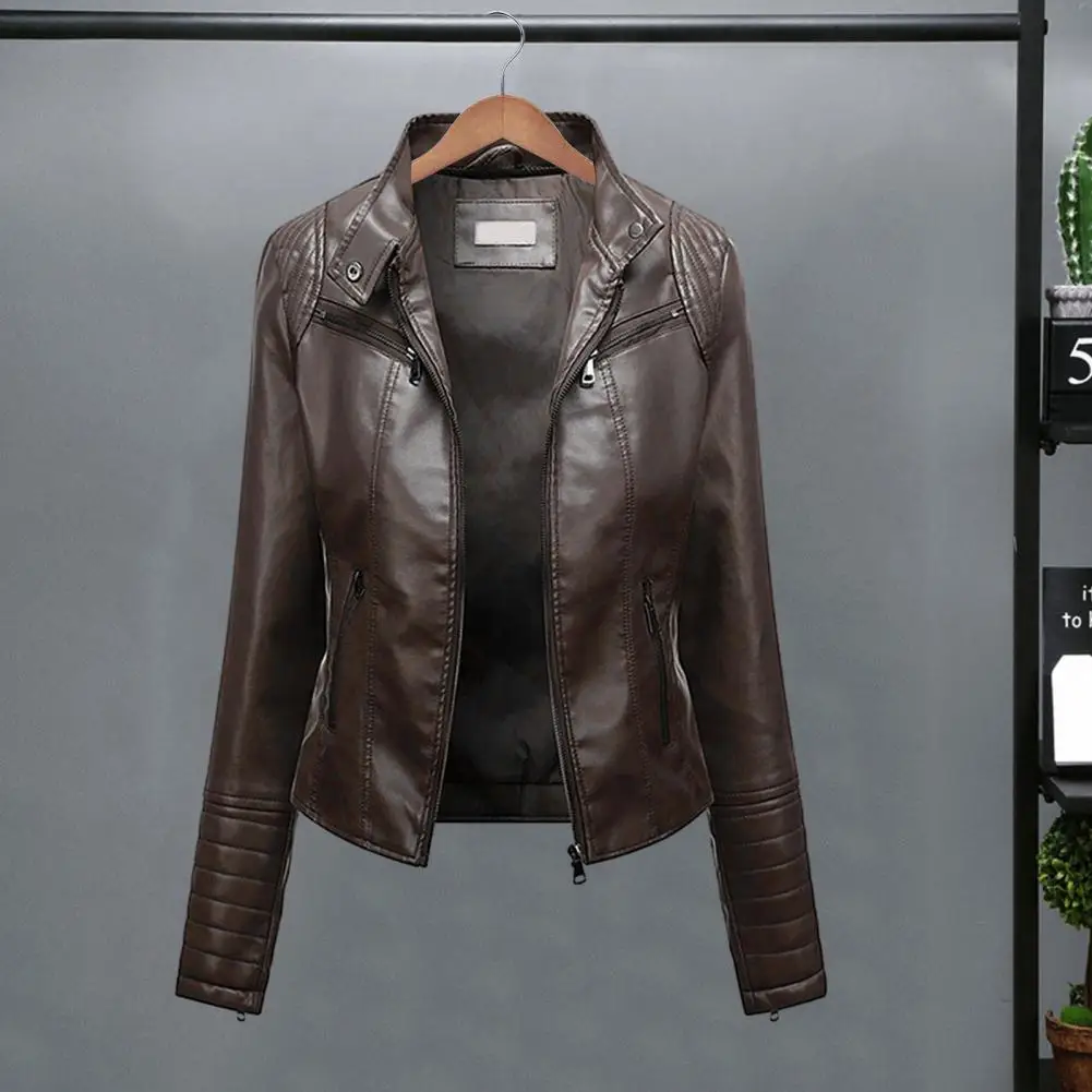 Chaqueta de cuero Artificial para mujer, chaqueta de motociclista de piel sintética, elegante, ajustada, con cuello levantado