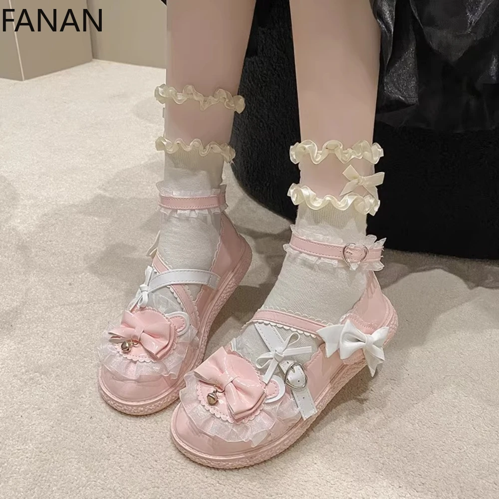 

2025 New Lolita Shoes Female Cute Japanese Soft-soled Big Head Leather Flats Sweet Girl Bow Heel Mary Jane Single Shoes Pumps