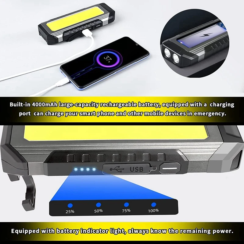 LED Work Light Portable Magnetic Light 1000 Lumen Rechargeable COB Work Light With Magnetic Base And Hanging Hook