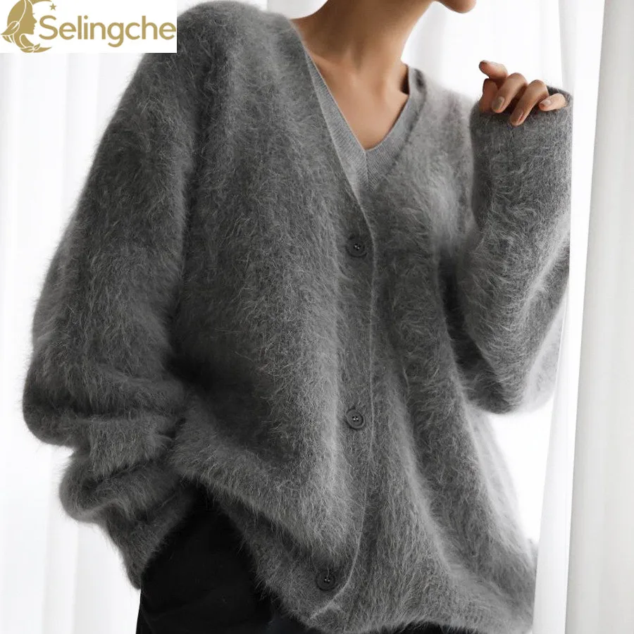 V-neck Knitted Sweater 2024 Autumn/Winter New European and American Loose Solid Color Cardigan Women's Top