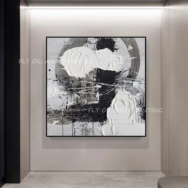 

Black And White Abstract Simple Pure Large Size Square Hand Painted Knife Canvas Gift Beautiful Oil Painting For Home Decor