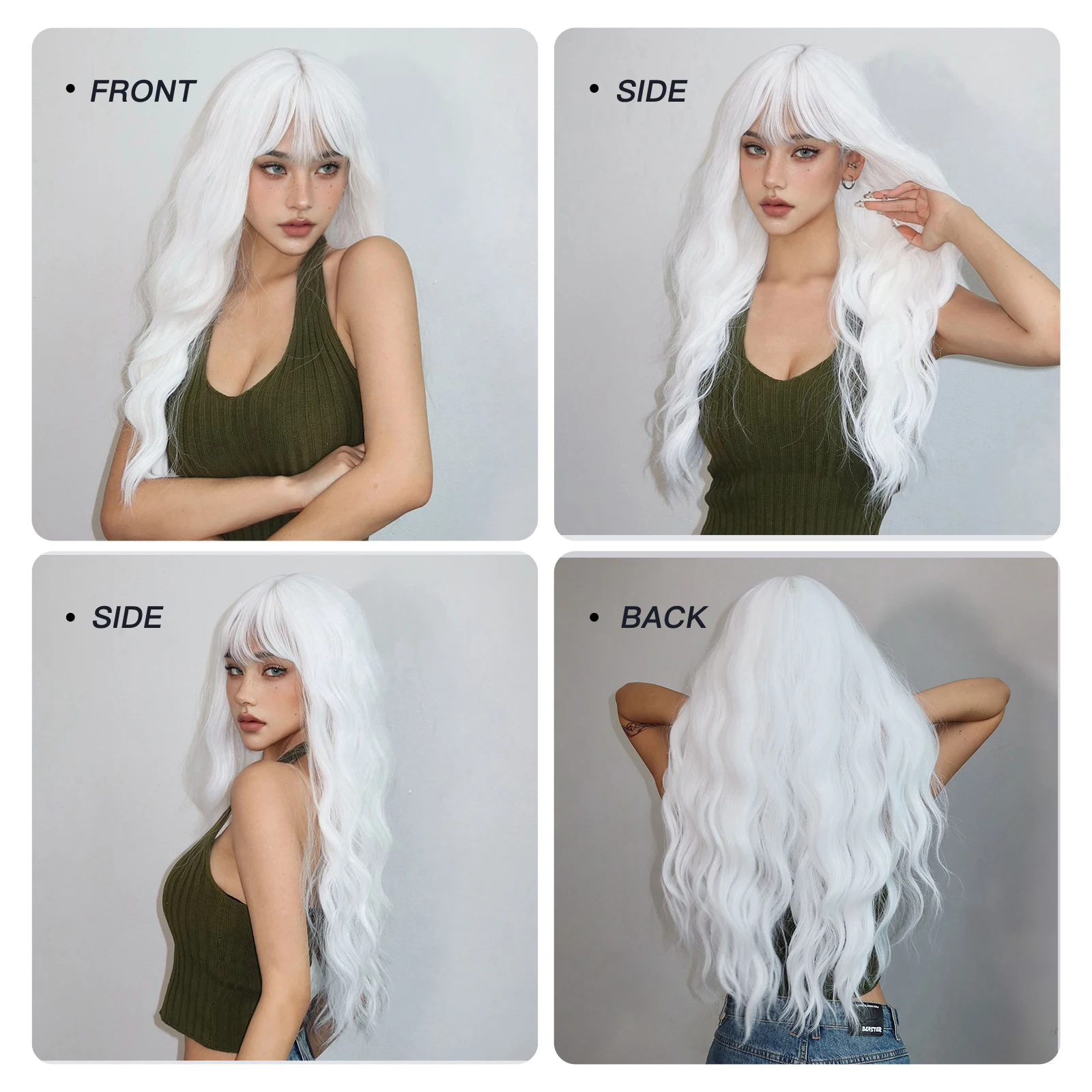 Lange lockige weiße Platin-Synthetik-Perücken mit Pony für Frauen, Afro-Cosplay, Lolita, gewellte Perücke, natürliches Haar, hitzebeständig, für den täglichen Gebrauch – Detail 6