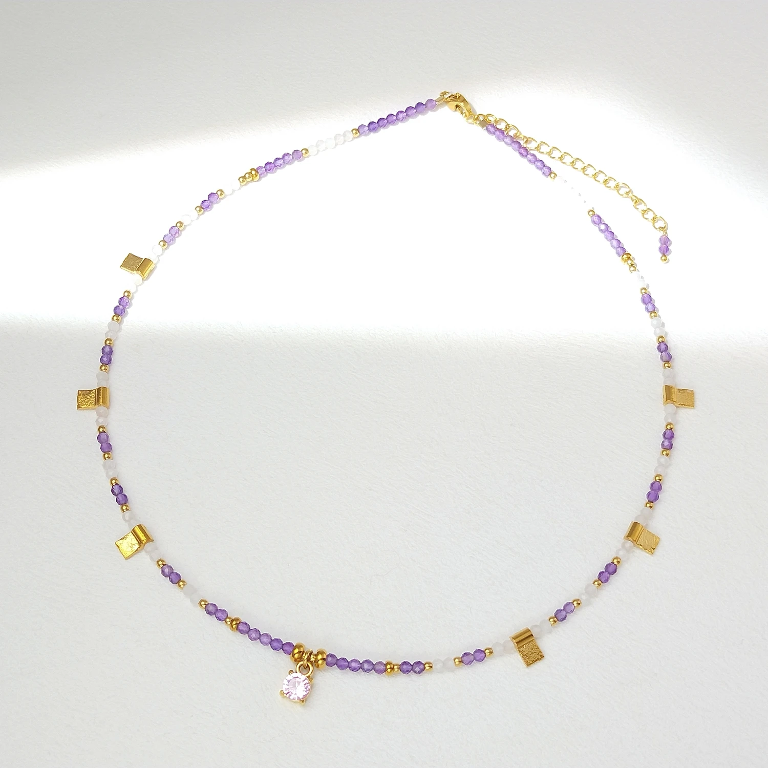 Lii Ji Rose Quartz Amethyst 2-4mm Natural Stone Pendant Necklace 38+5cm Gold Stainless Steel Handmade Jewelry