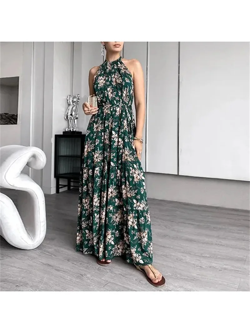 

Bohemian Green Women Prom Dress Flower Printed Summer Long Party Evening Gown Holiday Beach Flower Celebrity Robe De Mariée