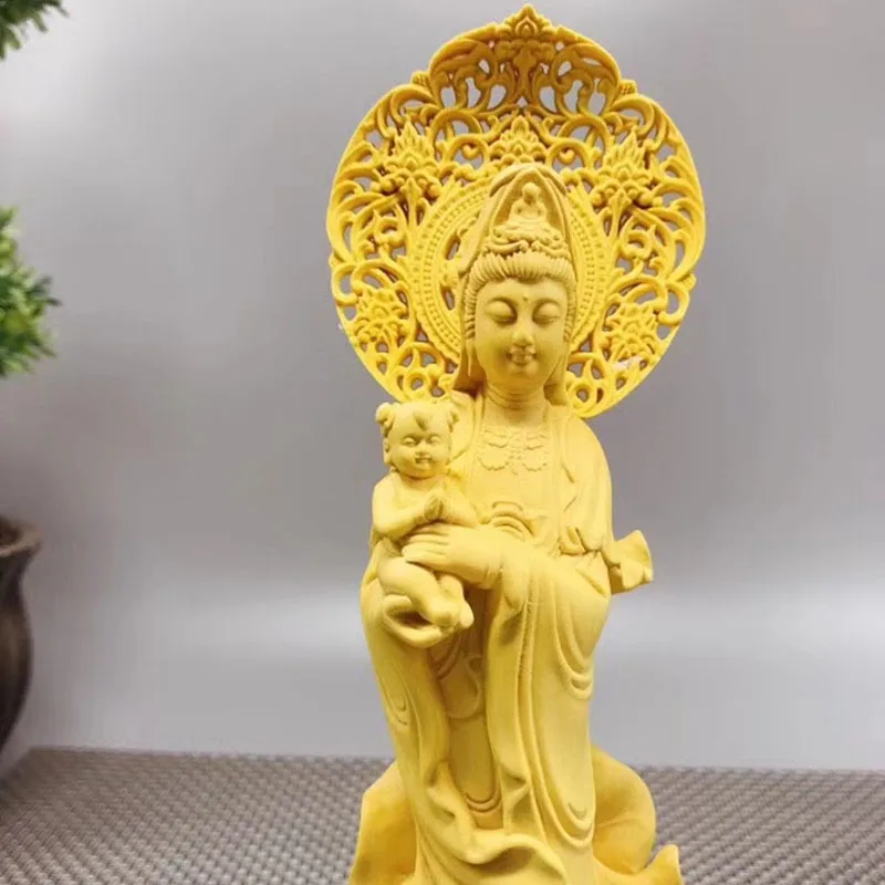 23cm Chinese Buddha Statue Solid Wood Guanyin Bodhisattva Statue Modern Art Sculpture Home Blessing Decorations