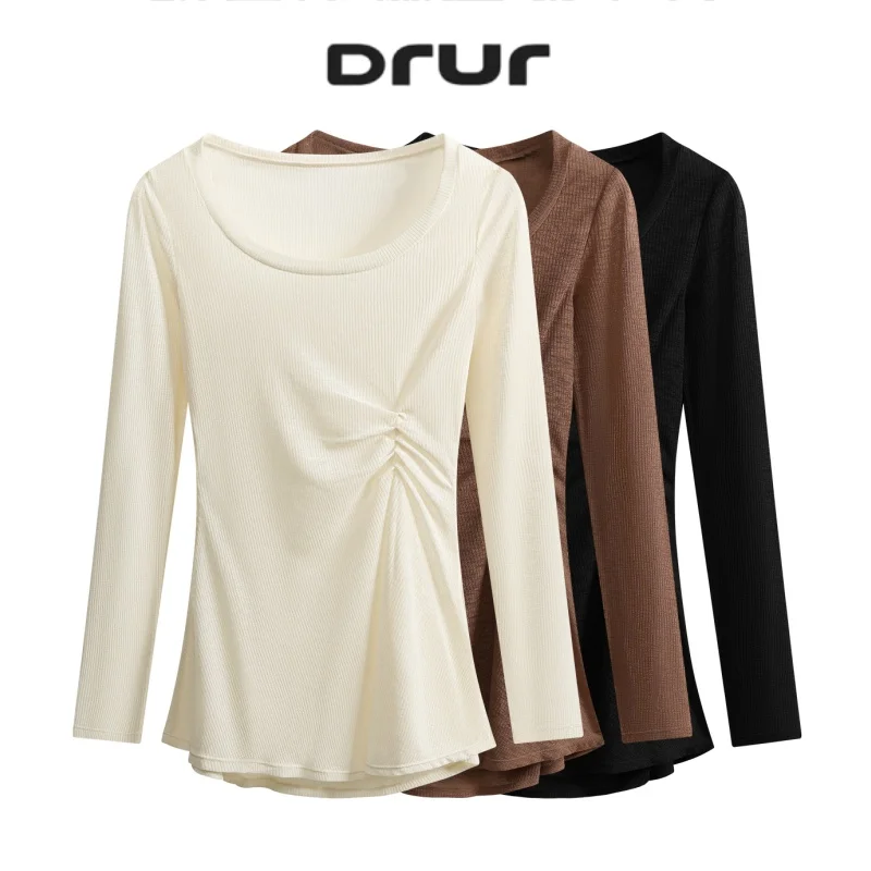DRUR Pilates Yoga Top Women Lightweight Thin Knitted Quick Dry Long Sleeve Gym Shirt Side Pleats Slim Fit Exercise Shirt Woman