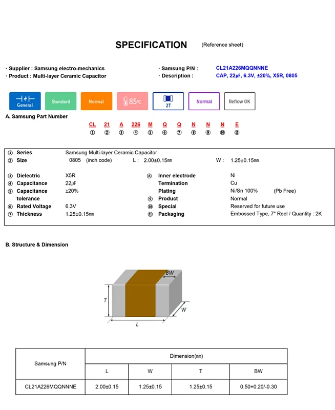 2000PCS/LOT 0805 2012 226M 22UF 6.3V 10V X5R 20% SMD ceramic capacitor MLCC CL21A226MQFNNNE New and original