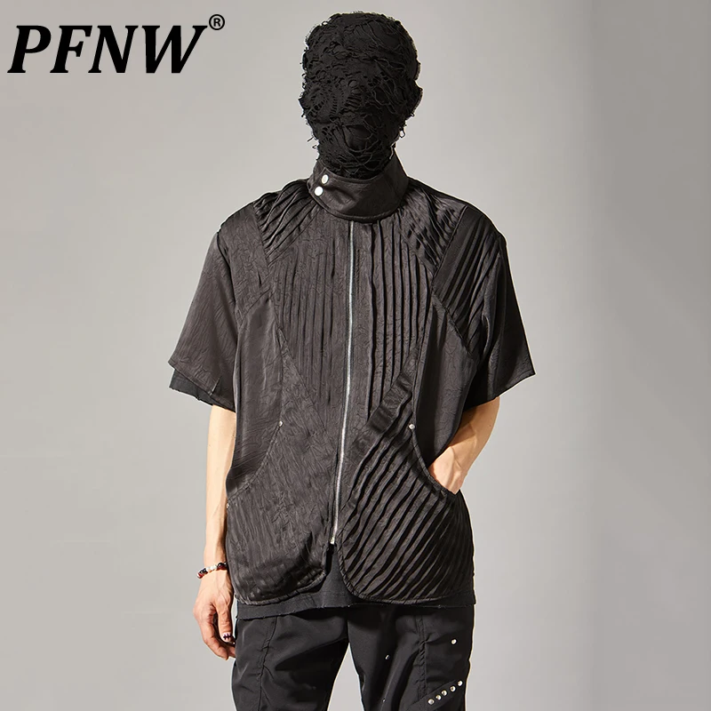 

PFNW Dark Design Men's Shirts Short Sleeve Wrinkle Male Tops Casual Zipper Solid Color Stand Collar New Tide Summer 12C194