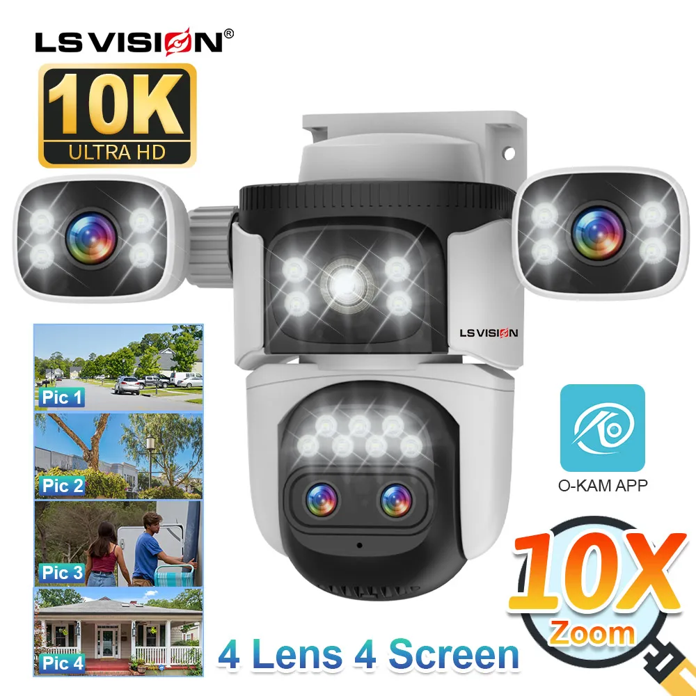 LS VISION 10K Four Screens WiFi IP Camera 10X Zoom Wireless Outdoor 20MP Four Lens PTZ Human Auto Tracking Surveillance Cameras