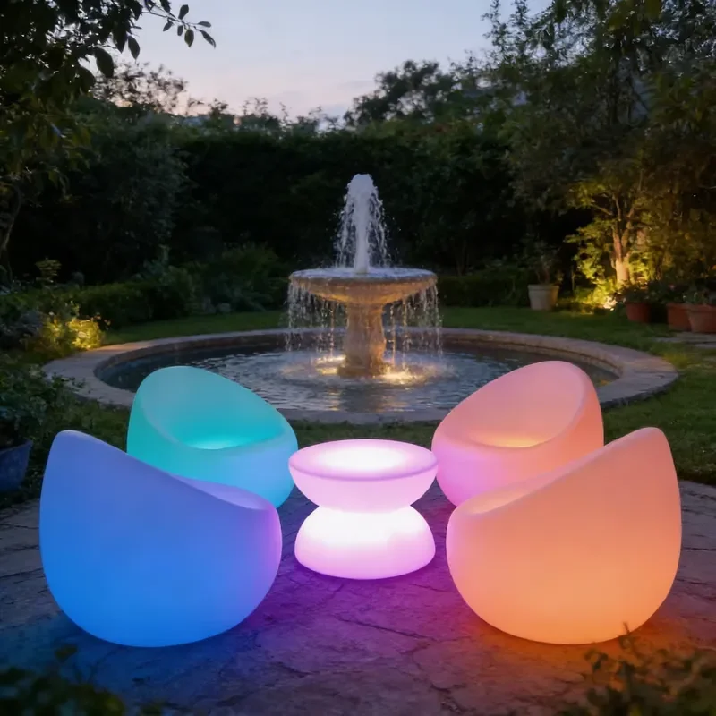 Factory Hot Sale LED-lit Round Bar Table and Outdoor Balcony Leisure Chair Set, Modern Movable LED Furniture