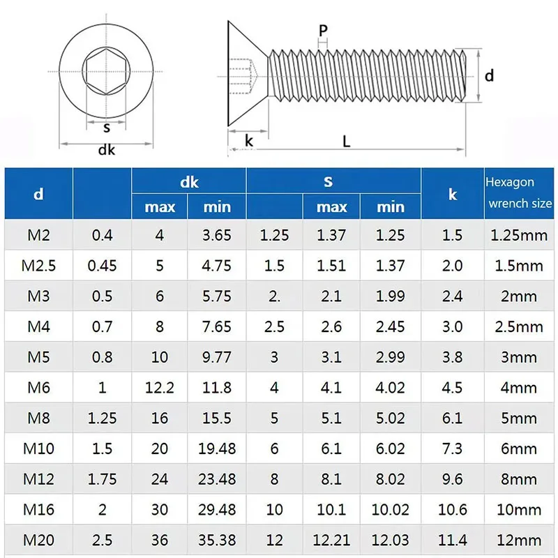 M2 M3 M4 M5 M6 Black Carbon Steel Countersunk Screw Nut Bolt Set Grade 10.9 Thread DIN7991 Hex Socket Screws Nuts Kit Flat Head
