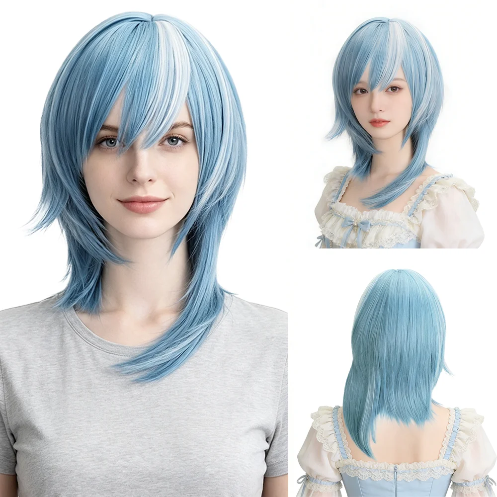 Unisex Eula Cosplay Wig Blue White Highlight Medium Length Mullet Heat Resistant Synthetic Hair For Comic Con Party Halloween