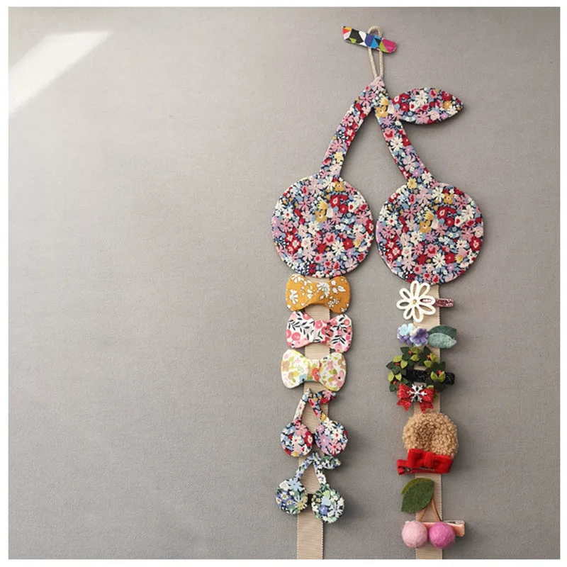 Cute Cherry Shape Flower Print Hair Bow Organizer, Wall Mounted Baby Hair Clips Holder, Girl Headwear Storage Hanging Rope