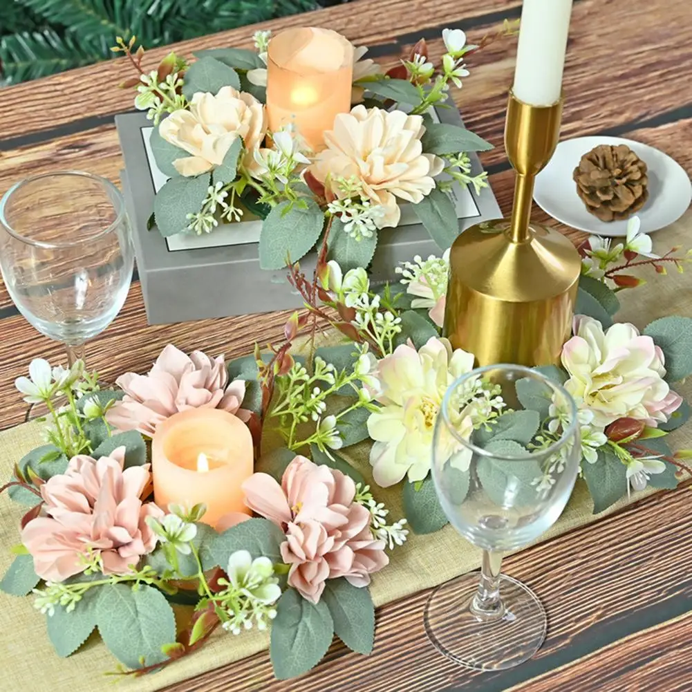 Candlestick Garland Elegant Dahlia Wreath Candle Holder with Green Leaves Farmhouse Wedding Table Centerpiece for Home