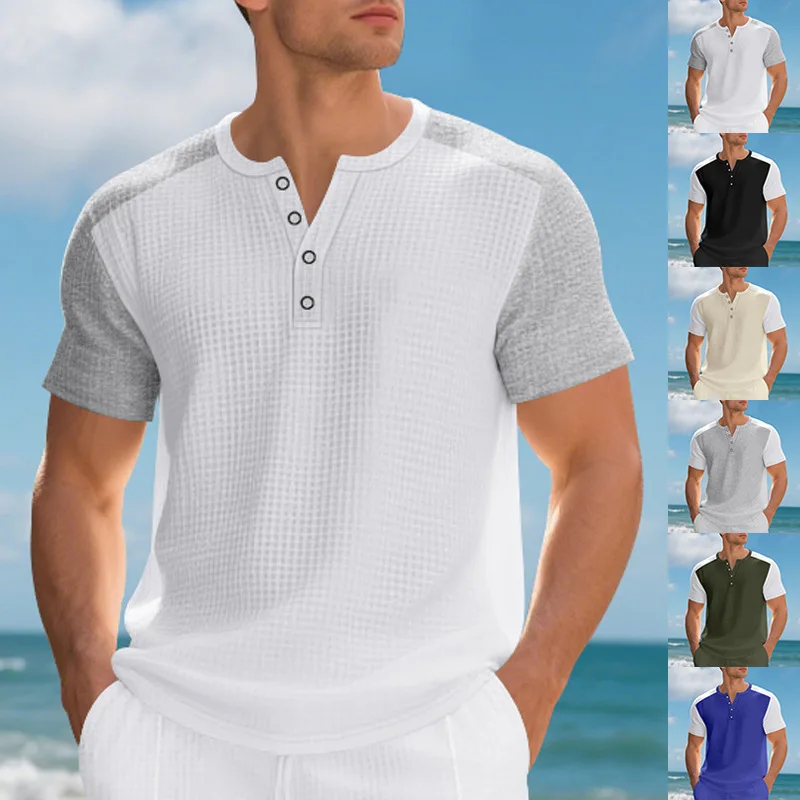 Summer American Loose Men's Casual Beach Waffle Henley Shirt Short Sleeve T-Shirt