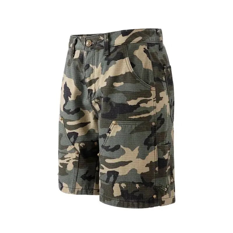 Fashion High Summer Street Men's Camouflage Cargo Shorts Casual Loose Rivet Detail Multi Pocket Wide Leg Pants KVSR