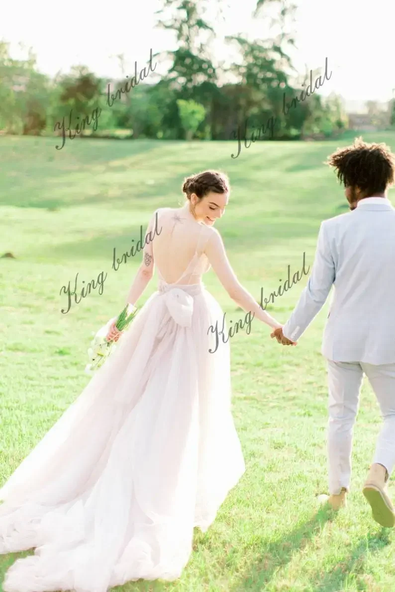 فستان سهرة مفتوح الظهر فستان زفاف بسيط من التول ثنيات ثوب زفاف بدون أكمام فساتين زفاف كاملة متجددة الهواء